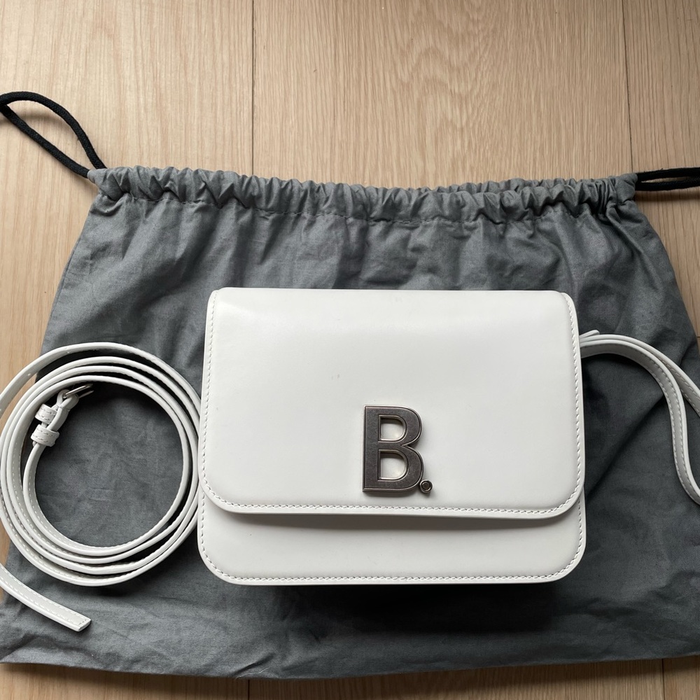 Balenciaga small B leather crossbody bag ivory